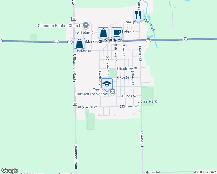 map of restaurants, bars, coffee shops, grocery stores, and more near 601 South Chestnut Street in Shannon