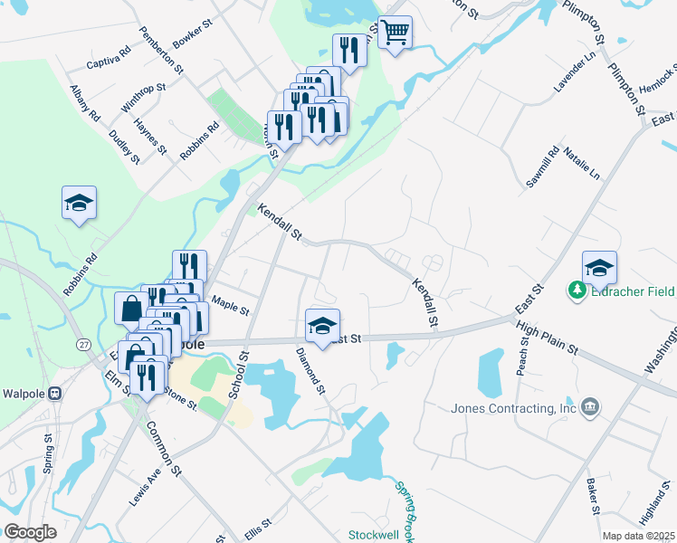 map of restaurants, bars, coffee shops, grocery stores, and more near 4 Pierce Street in Walpole