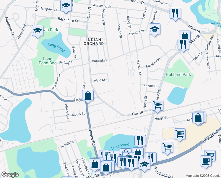 map of restaurants, bars, coffee shops, grocery stores, and more near 309 Oak Street in Springfield