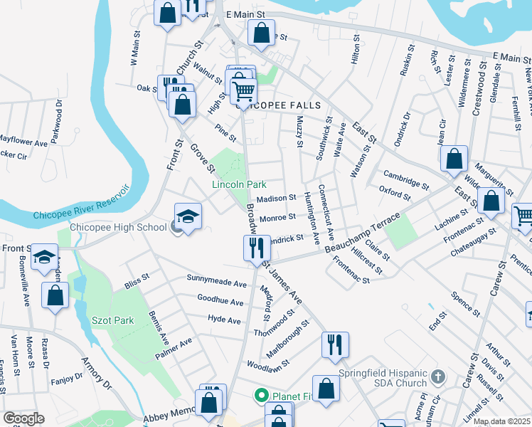 map of restaurants, bars, coffee shops, grocery stores, and more near 21 Madison Street in Chicopee