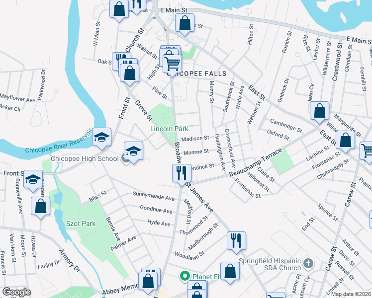 map of restaurants, bars, coffee shops, grocery stores, and more near 21 Madison Street in Chicopee