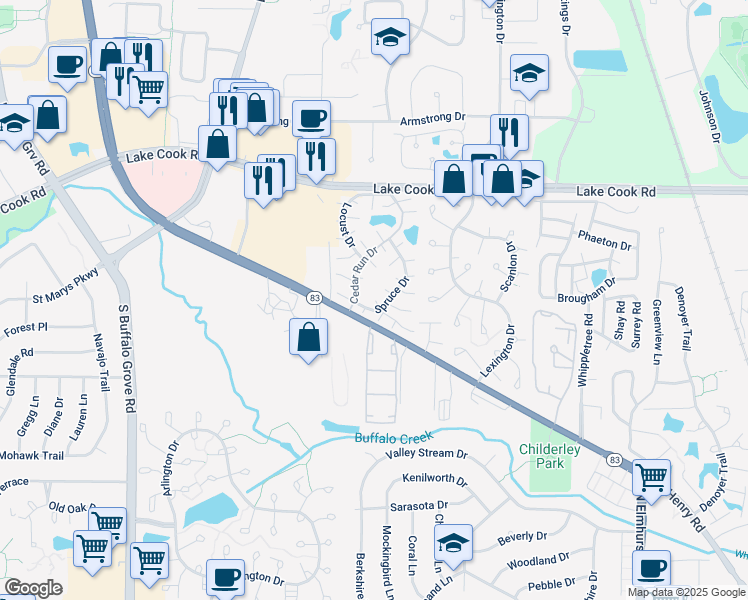 map of restaurants, bars, coffee shops, grocery stores, and more near 1252 Mae Court in Wheeling