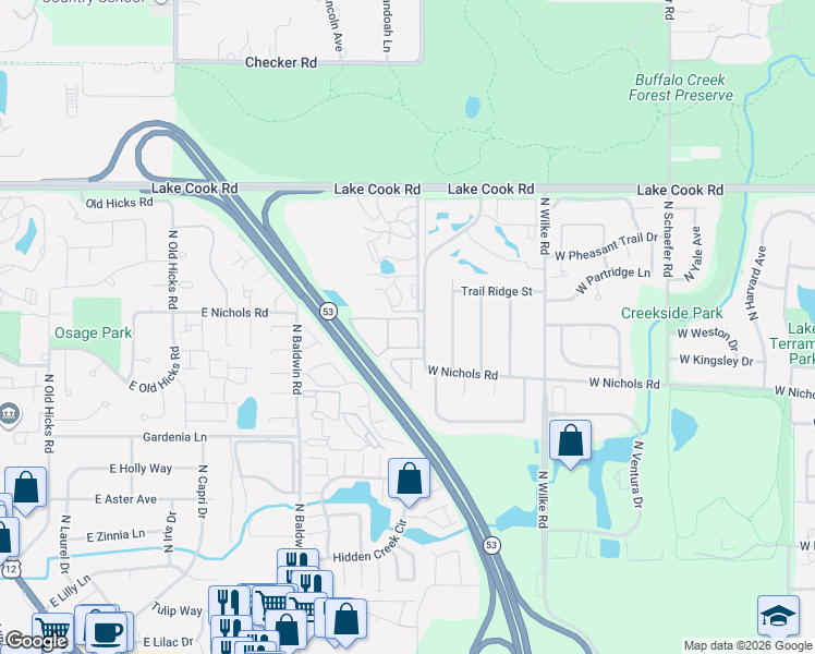 map of restaurants, bars, coffee shops, grocery stores, and more near 2201 West Nichols Road in Arlington Heights