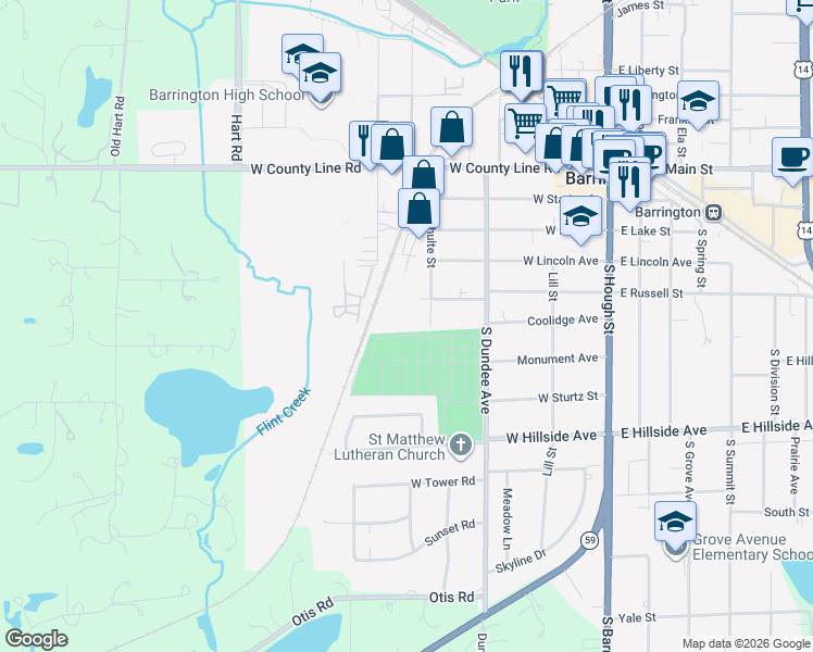 map of restaurants, bars, coffee shops, grocery stores, and more near 600 West Russell Street in Barrington