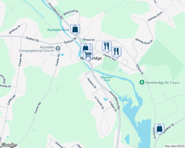 map of restaurants, bars, coffee shops, grocery stores, and more near 2147 Providence Road in Northbridge