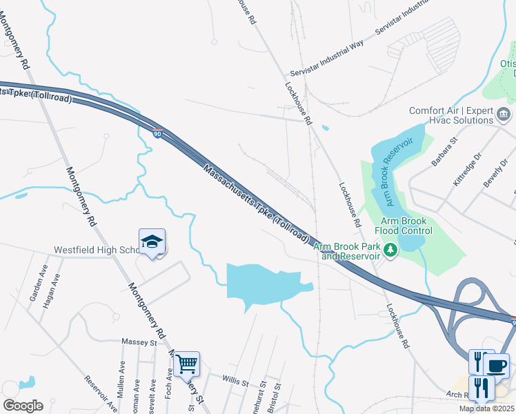 map of restaurants, bars, coffee shops, grocery stores, and more near Massachusetts Turnpike in Westfield