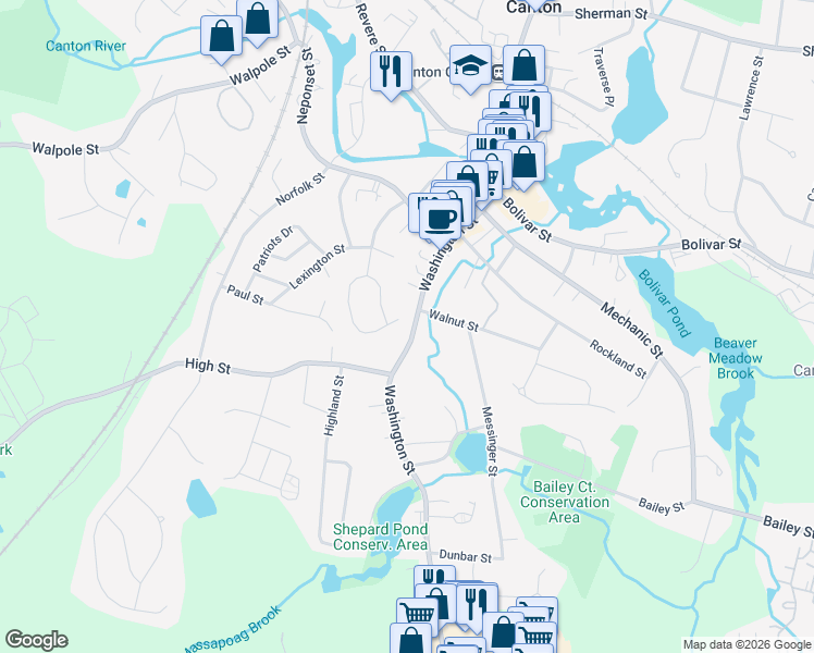 map of restaurants, bars, coffee shops, grocery stores, and more near 427 Washington Street in Canton