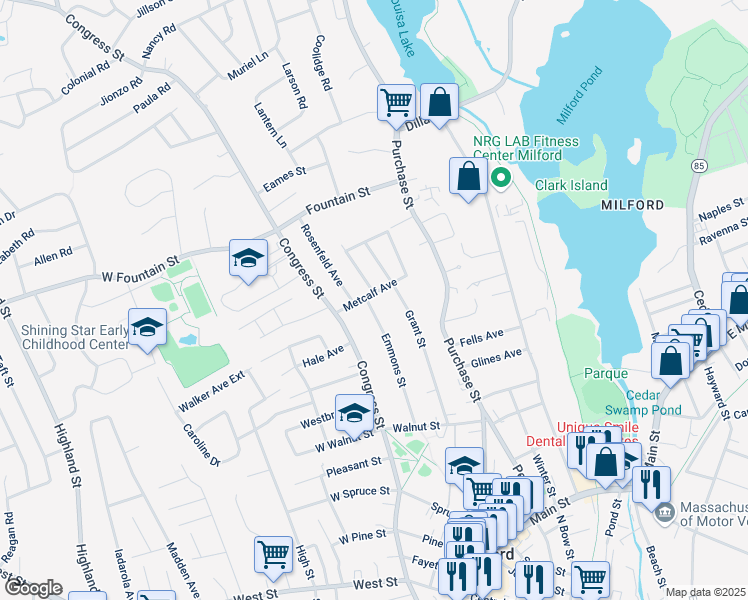 map of restaurants, bars, coffee shops, grocery stores, and more near 57 Emmons Street in Milford