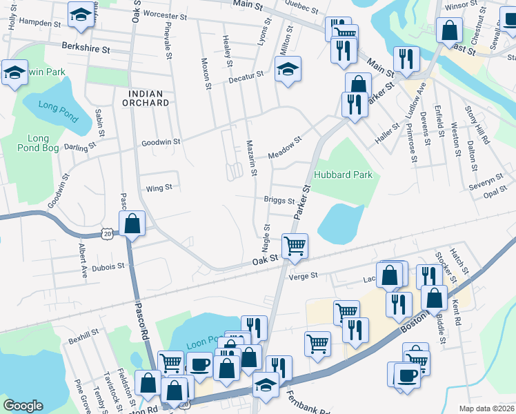 map of restaurants, bars, coffee shops, grocery stores, and more near 28 Nagle Street in Springfield
