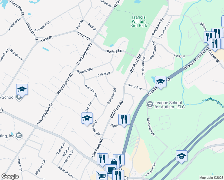 map of restaurants, bars, coffee shops, grocery stores, and more near 63 Emerson Road in Walpole