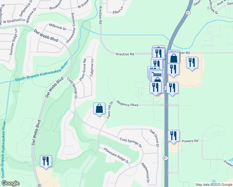 map of restaurants, bars, coffee shops, grocery stores, and more near 12450 Regency Parkway in Huntley