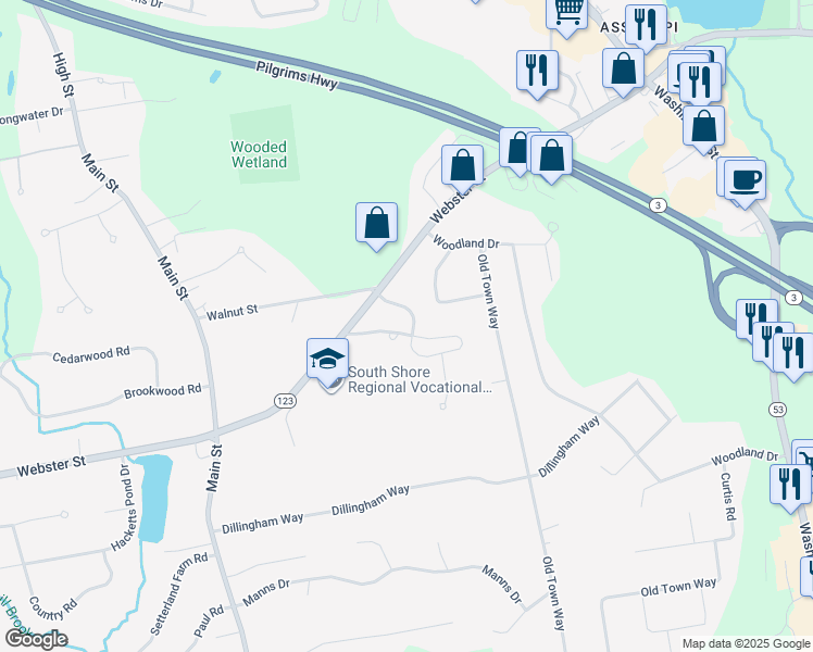 map of restaurants, bars, coffee shops, grocery stores, and more near 65 Juniper Lane in Hanover