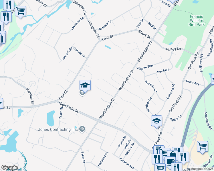 map of restaurants, bars, coffee shops, grocery stores, and more near 8 Grace Memorial Drive in Walpole
