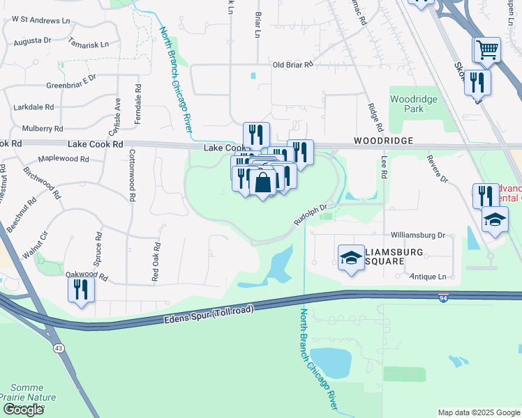 map of restaurants, bars, coffee shops, grocery stores, and more near 1525 Lake Cook Road in Northbrook