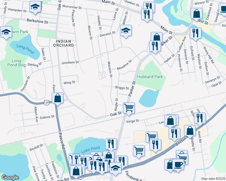 map of restaurants, bars, coffee shops, grocery stores, and more near 28 Nagle Street in Springfield