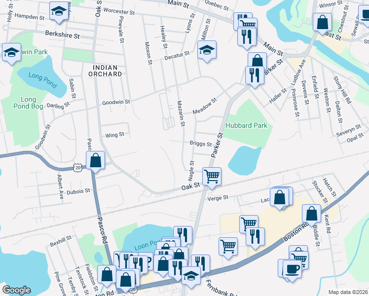 map of restaurants, bars, coffee shops, grocery stores, and more near 91 Briggs Street in Springfield