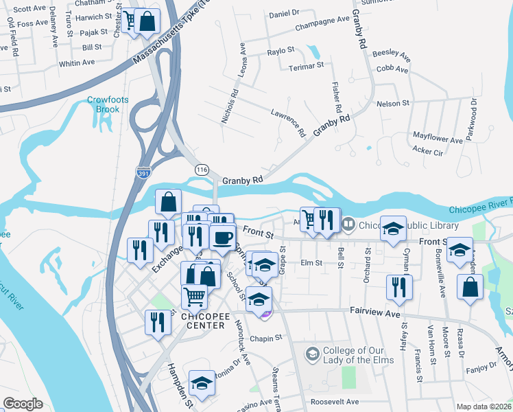map of restaurants, bars, coffee shops, grocery stores, and more near 12-35 Grape Street in Chicopee