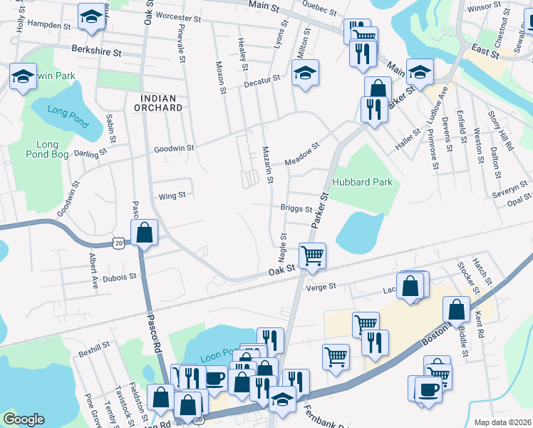 map of restaurants, bars, coffee shops, grocery stores, and more near 91 Briggs Street in Springfield