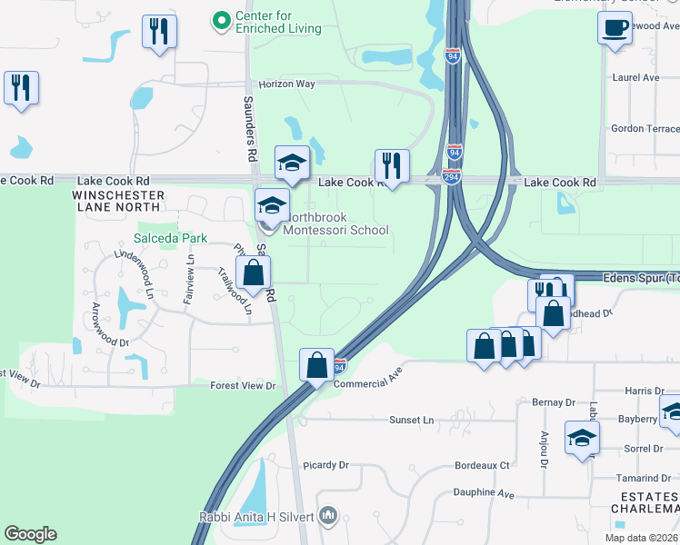 map of restaurants, bars, coffee shops, grocery stores, and more near 4131 Pamella Lane in Northbrook