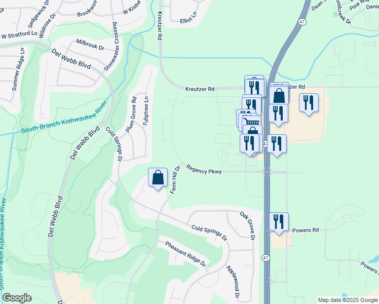 map of restaurants, bars, coffee shops, grocery stores, and more near 12400 Regency Parkway in Huntley