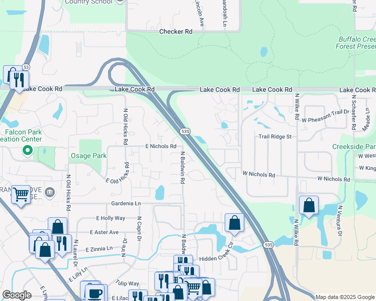 map of restaurants, bars, coffee shops, grocery stores, and more near 2199 North Oakbrook Circle in Palatine