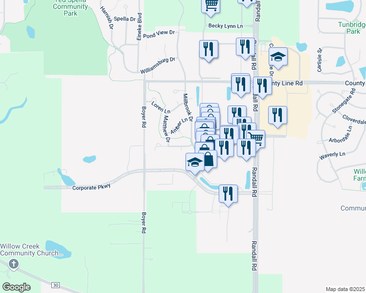 map of restaurants, bars, coffee shops, grocery stores, and more near Christie Drive in Algonquin