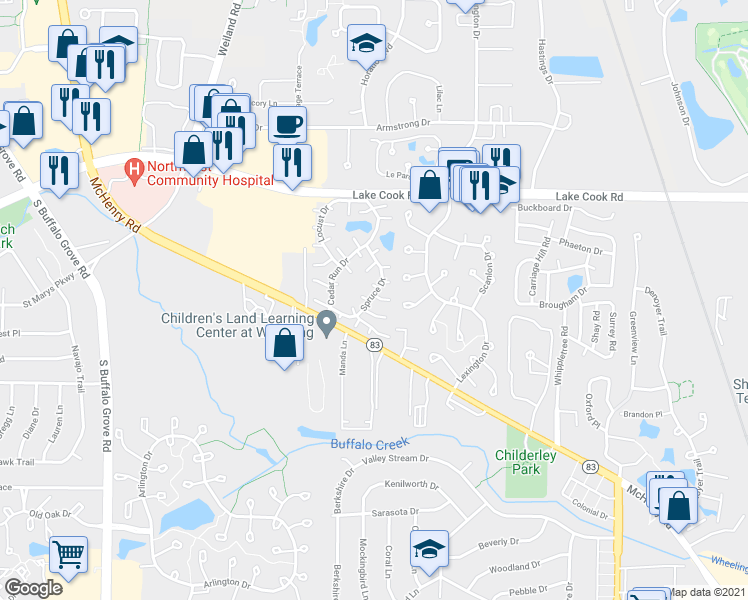 map of restaurants, bars, coffee shops, grocery stores, and more near 1200 Roth Court in Wheeling