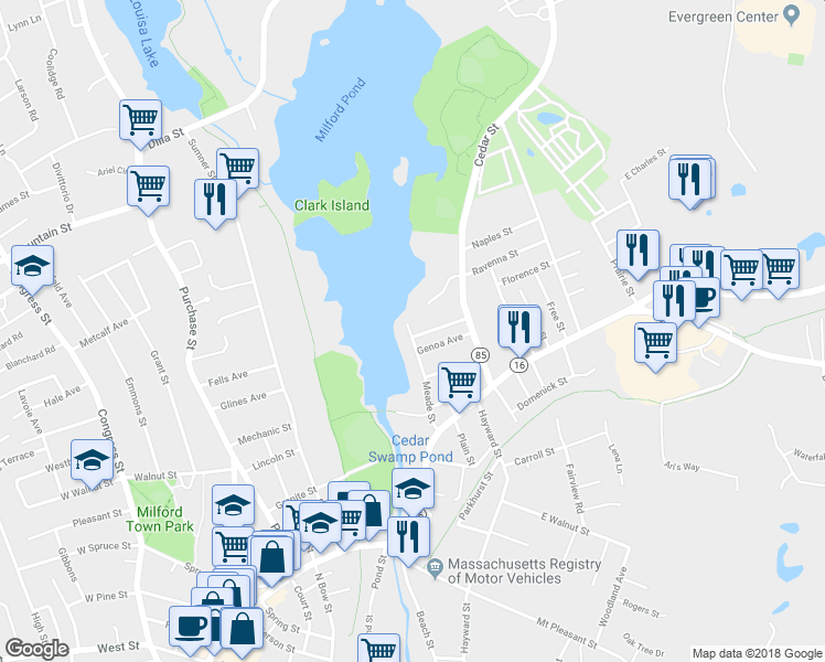 map of restaurants, bars, coffee shops, grocery stores, and more near 41 Meade Street in Milford