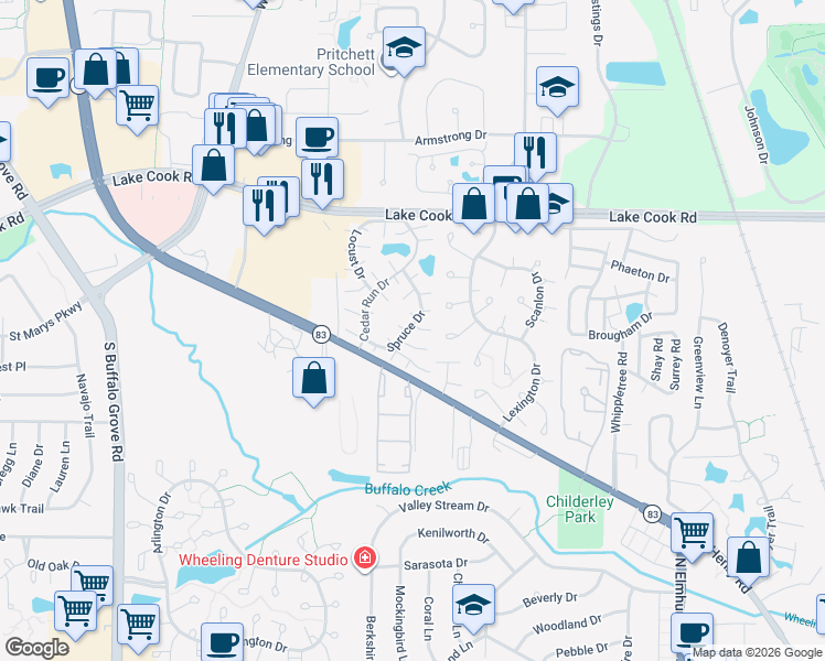 map of restaurants, bars, coffee shops, grocery stores, and more near 1200 Roth Court in Wheeling
