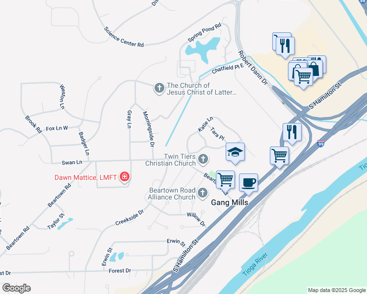 map of restaurants, bars, coffee shops, grocery stores, and more near 8 Katie Lane in Painted Post