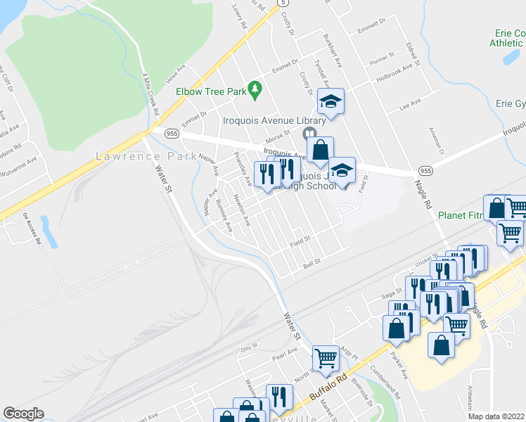 map of restaurants, bars, coffee shops, grocery stores, and more near 1000 Priestley Avenue in Erie