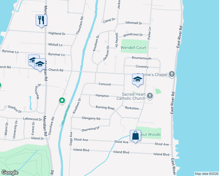 map of restaurants, bars, coffee shops, grocery stores, and more near 8401 Concord Road in Grosse Ile Township