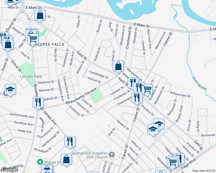 map of restaurants, bars, coffee shops, grocery stores, and more near 267 Beauchamp Terrace in Chicopee