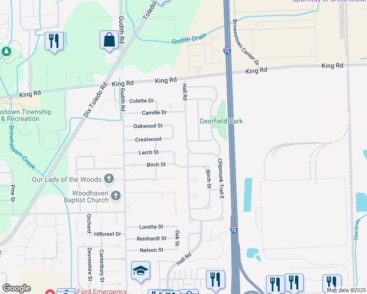 map of restaurants, bars, coffee shops, grocery stores, and more near 22001 Crestwood in Trenton