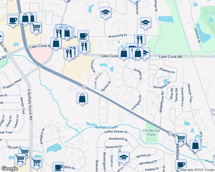 map of restaurants, bars, coffee shops, grocery stores, and more near 1200 Roth Court in Wheeling