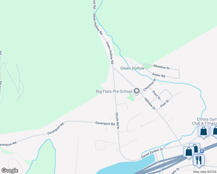 map of restaurants, bars, coffee shops, grocery stores, and more near 121 Olcott Road North in Big Flats