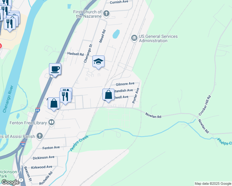 map of restaurants, bars, coffee shops, grocery stores, and more near 8 Standish Ave in Binghamton