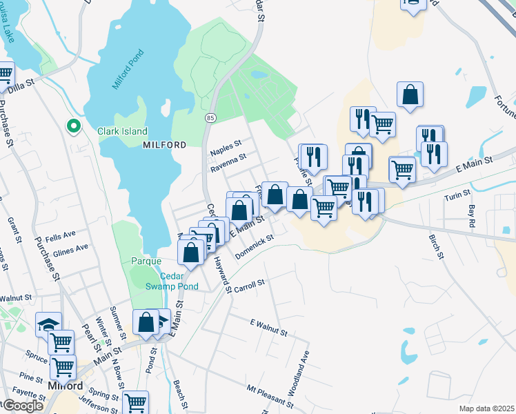 map of restaurants, bars, coffee shops, grocery stores, and more near 150 East Main Street in Milford