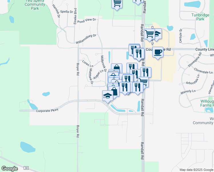 map of restaurants, bars, coffee shops, grocery stores, and more near 2360 Millbrook Drive in Algonquin