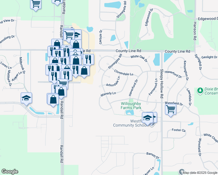 map of restaurants, bars, coffee shops, grocery stores, and more near 1851 Arbordale Lane in Algonquin