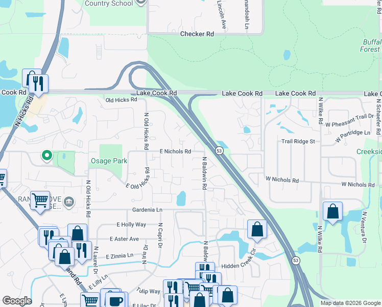 map of restaurants, bars, coffee shops, grocery stores, and more near 1174 East Candlenut Lane in Palatine