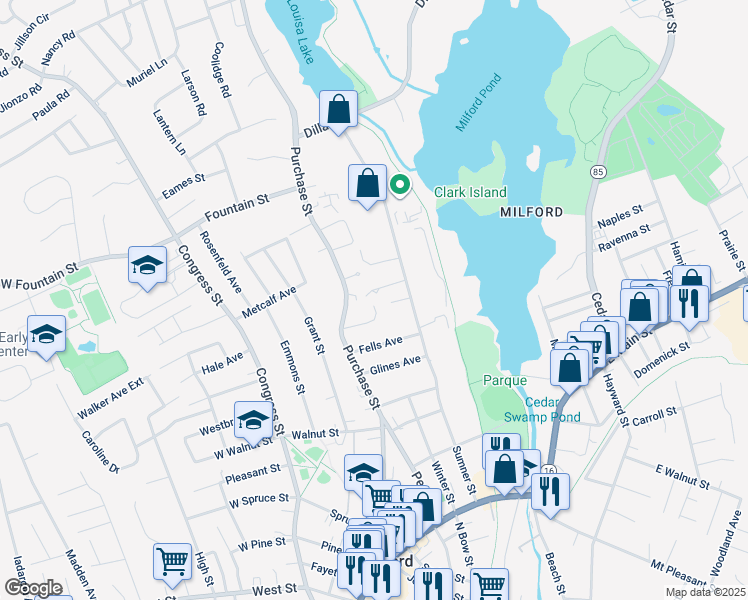 map of restaurants, bars, coffee shops, grocery stores, and more near 18 Chester Lane in Milford