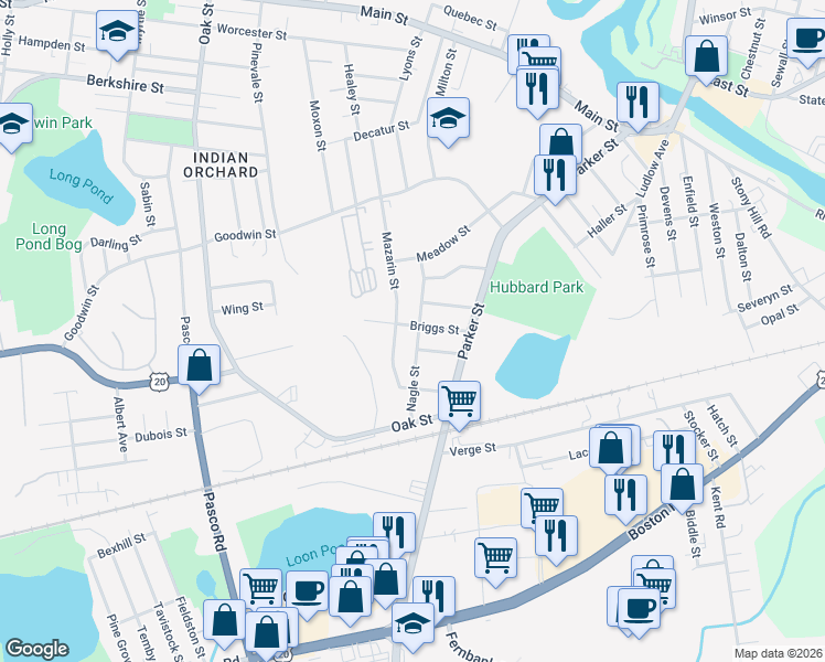 map of restaurants, bars, coffee shops, grocery stores, and more near 28 Nagle Street in Springfield