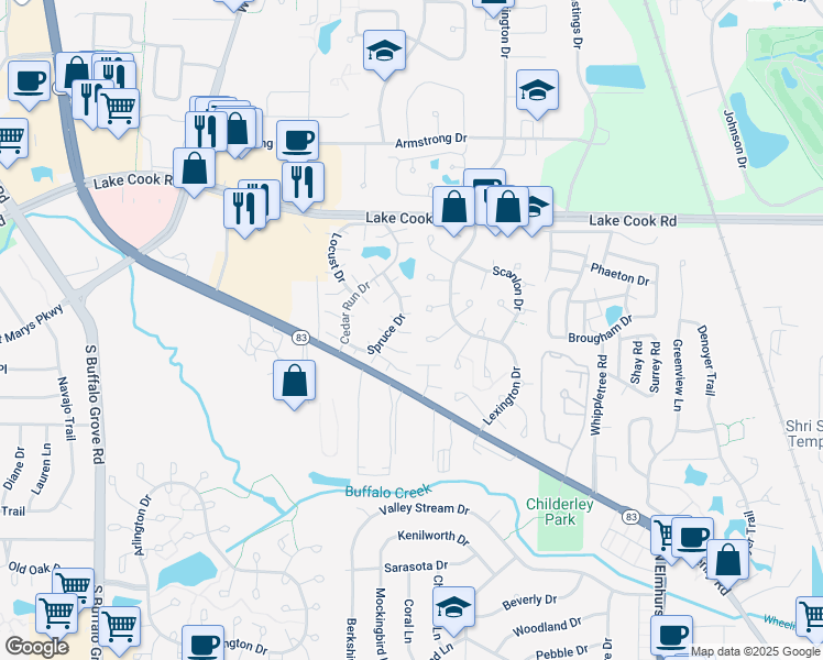 map of restaurants, bars, coffee shops, grocery stores, and more near 1200 Roth Court in Wheeling
