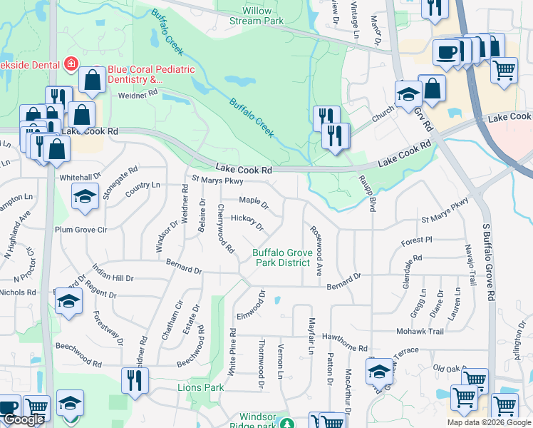 map of restaurants, bars, coffee shops, grocery stores, and more near 587 Maple Drive in Buffalo Grove