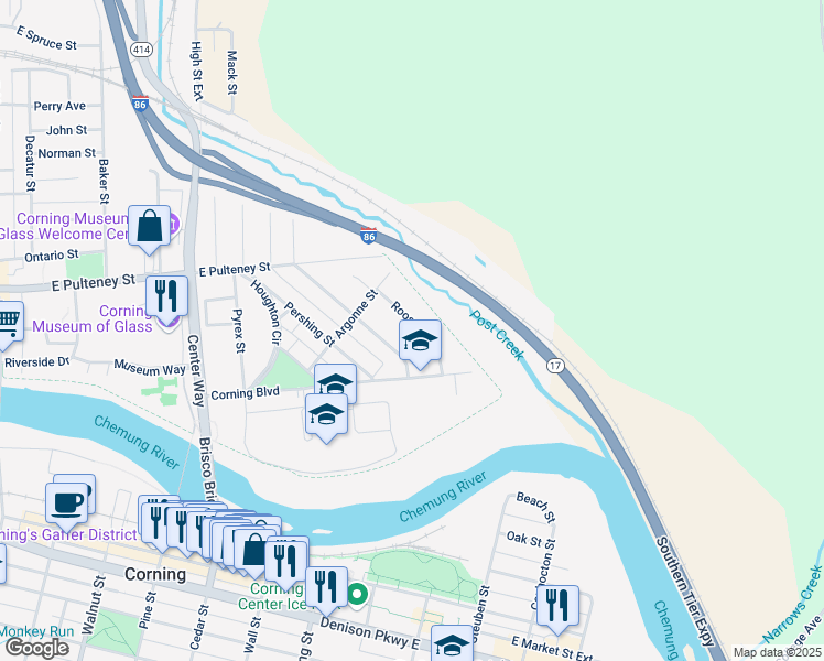 map of restaurants, bars, coffee shops, grocery stores, and more near 21 Roosevelt Street in Corning