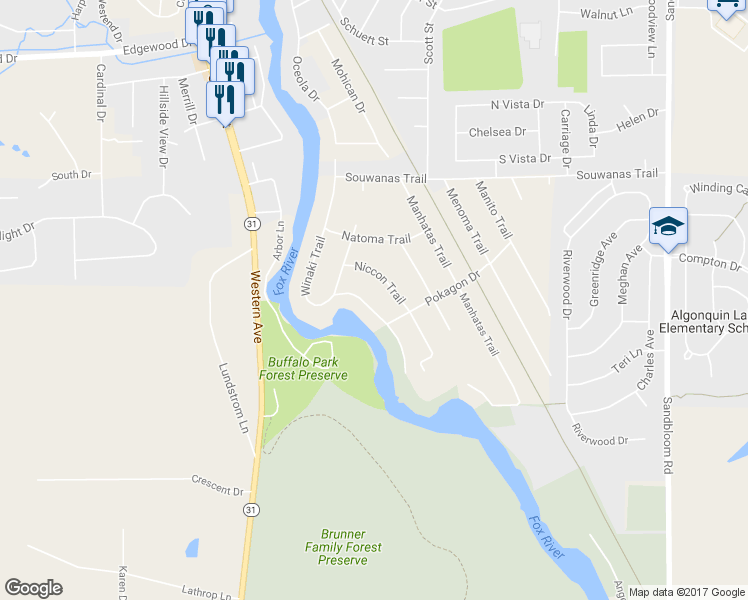map of restaurants, bars, coffee shops, grocery stores, and more near 1453 Winaki Trail in Algonquin