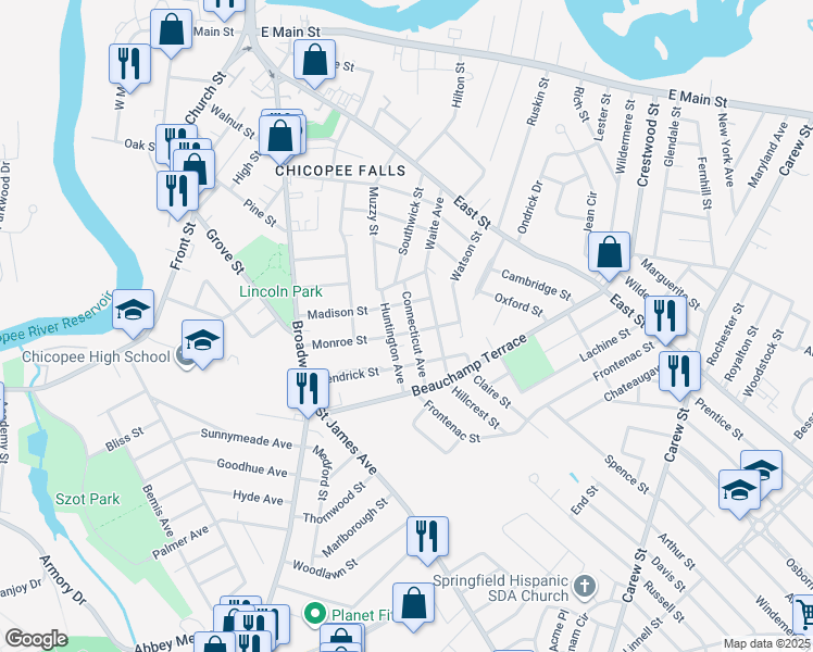 map of restaurants, bars, coffee shops, grocery stores, and more near 112 Monroe Street in Chicopee