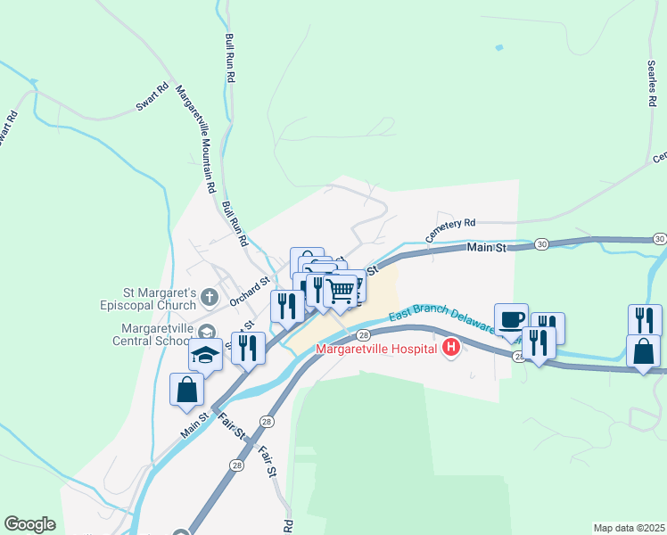 map of restaurants, bars, coffee shops, grocery stores, and more near 128 Church Street in Bloomville