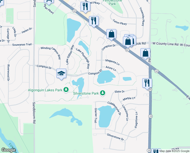 map of restaurants, bars, coffee shops, grocery stores, and more near 501 Lake Plumleigh Way in Algonquin